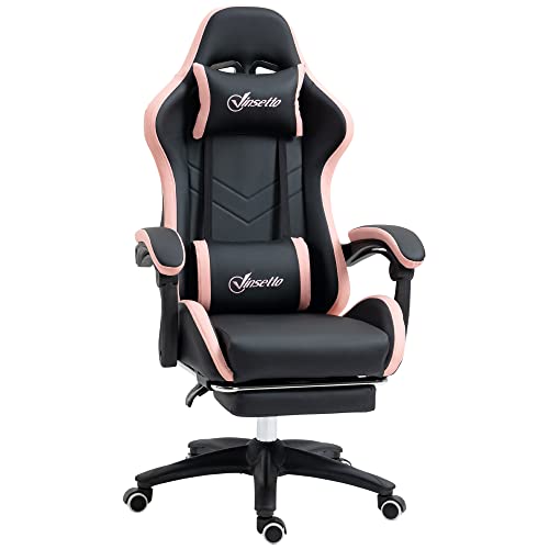 Vinsetto Computerstuhl Gaming Stuhl PU Leder Schreibtischstuhl mit Fußstütze Drehstuhl Arbeitsstuhl mit 135° Rückenlehne und Lendenwirbelstütze PC Stuhl für Erwachsene Schwarz und Rosa von Vinsetto