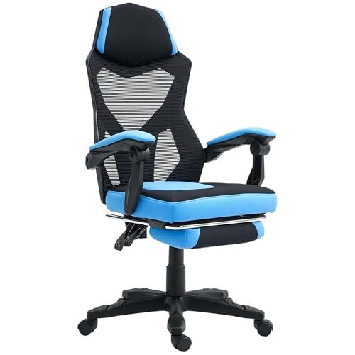 Vinsetto Drehbarer Gaming-Stuhl aus Netzstoff, Gamerstuhl mit einziehbarer Fußstütze, verstellbare Rückenlehne und Höhe, verstellbare Höhe, gepolsterte Armlehnen, Blau von Vinsetto