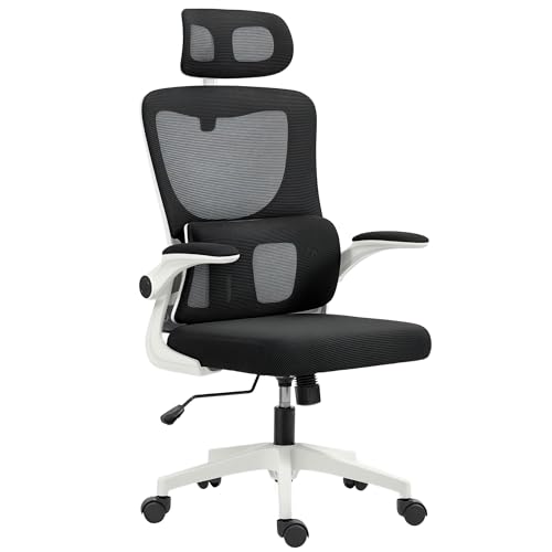 Vinsetto Ergonomischer Bürostuhl mit Lendenwirbelstütze, klappbaren Armlehnen und Verstellbarer Kopfstütze, drehbarer und neigbarer Arbeitsstuhl mit hoher Rückenlehne und Verstellbarer Höhe, schwarz von Vinsetto