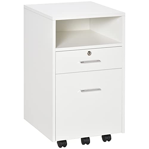 Vinsetto Rollcontainer Aktenschrank mit 1 Regal 2 Schubladen abschließbarer Büroschrank mit Rollen für Hängeakten und Din-A4-Ordner bis 30 kg für Büro Arbeitszimmer Weiß 39 x 40 x 65 cm von Vinsetto