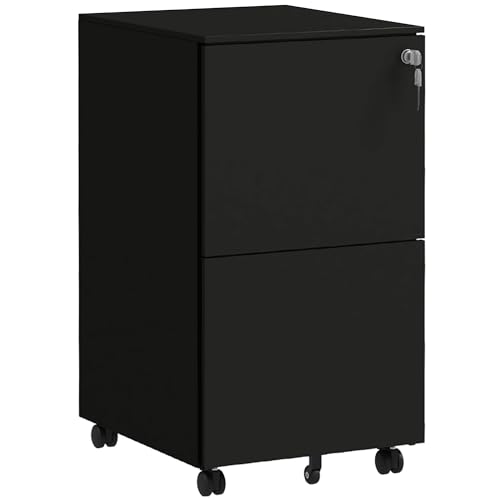 Vinsetto Rollcontainer Aktenschrank mit 2 Schubladen, Abschließbarer Büroschrank mit Rollen, Bürocontainer für A4 Akten, Dokumente, Stahl, 37 x 43,5 x 67,5 cm, Schwarz von Vinsetto