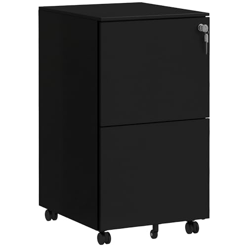 Vinsetto Rollcontainer Aktenschrank mit 2 Schubladen, Abschließbarer Büroschrank mit Rollen, Bürocontainer für A4 Akten, Dokumente, Stahl, 37 x 43,5 x 67,5 cm, Schwarz von Vinsetto