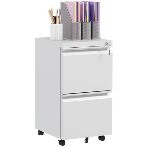 Vinsetto Rollcontainer Aktenschrank mit 2 Schubladen, Bürocontainer Abschließbar, Standcontainer, Büroschrank für A4-Format, Stahl, Weiß, 37 x 43,5 x 67,5 cm von Vinsetto