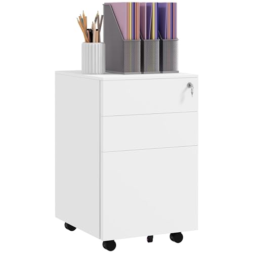 Vinsetto Rollcontainer Aktenschrank mit 3 Schubladen, Büroschrank mit Schloss, Druckschrank, Bürocontainer für A4-Format, Stahl, 37 x 43,5 x 60 cm, Weiß von Vinsetto