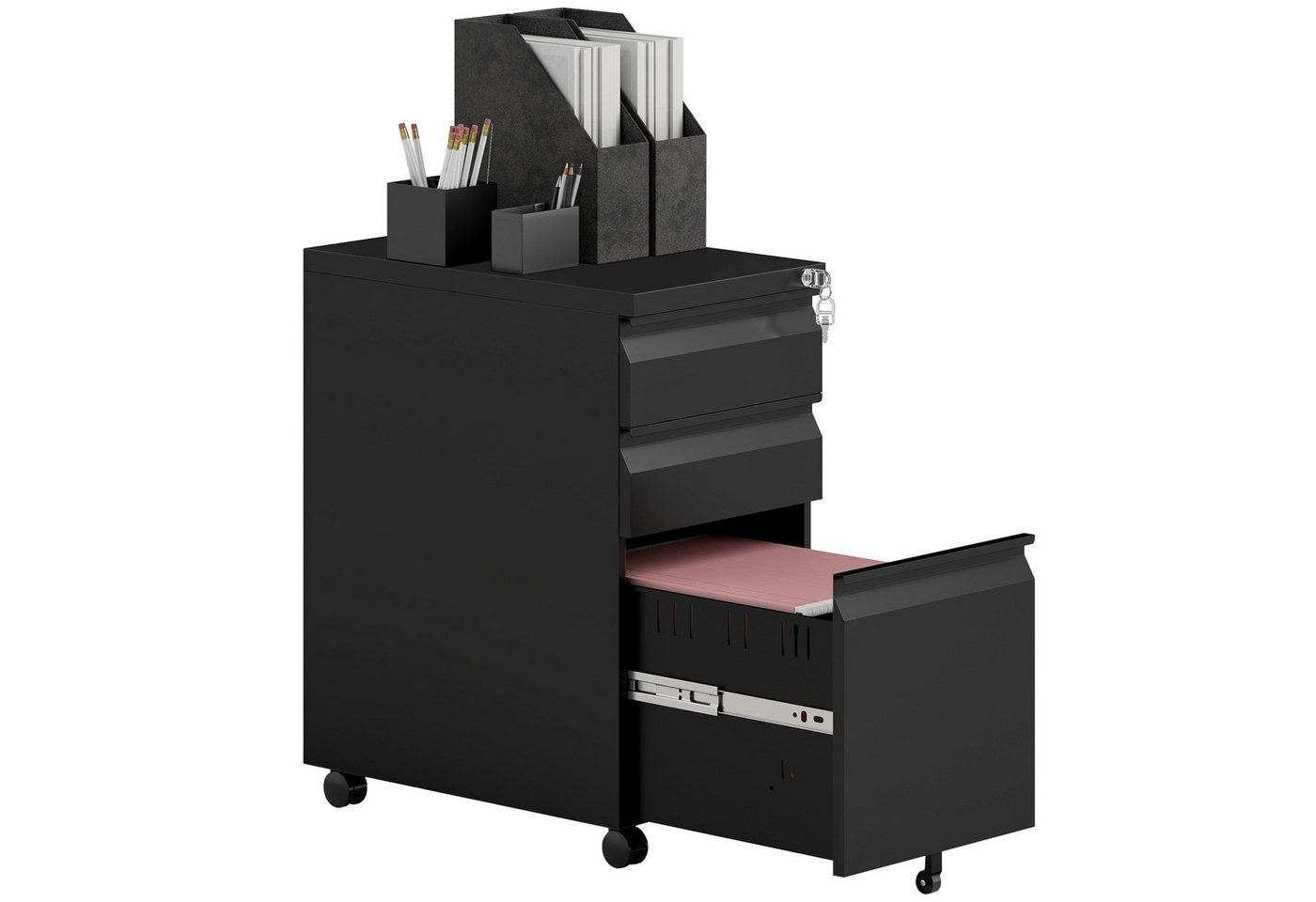 Vinsetto Rollcontainer Aktenschrank mit 3 Schubladen, Rollen, Schloss, (Untertisch-Büroschrank mit vormontiertem Korpus, 1 St., für Heimbüro, Arbeitszimmer), 30 x 43,5 x 60 cm, schwarz von Vinsetto