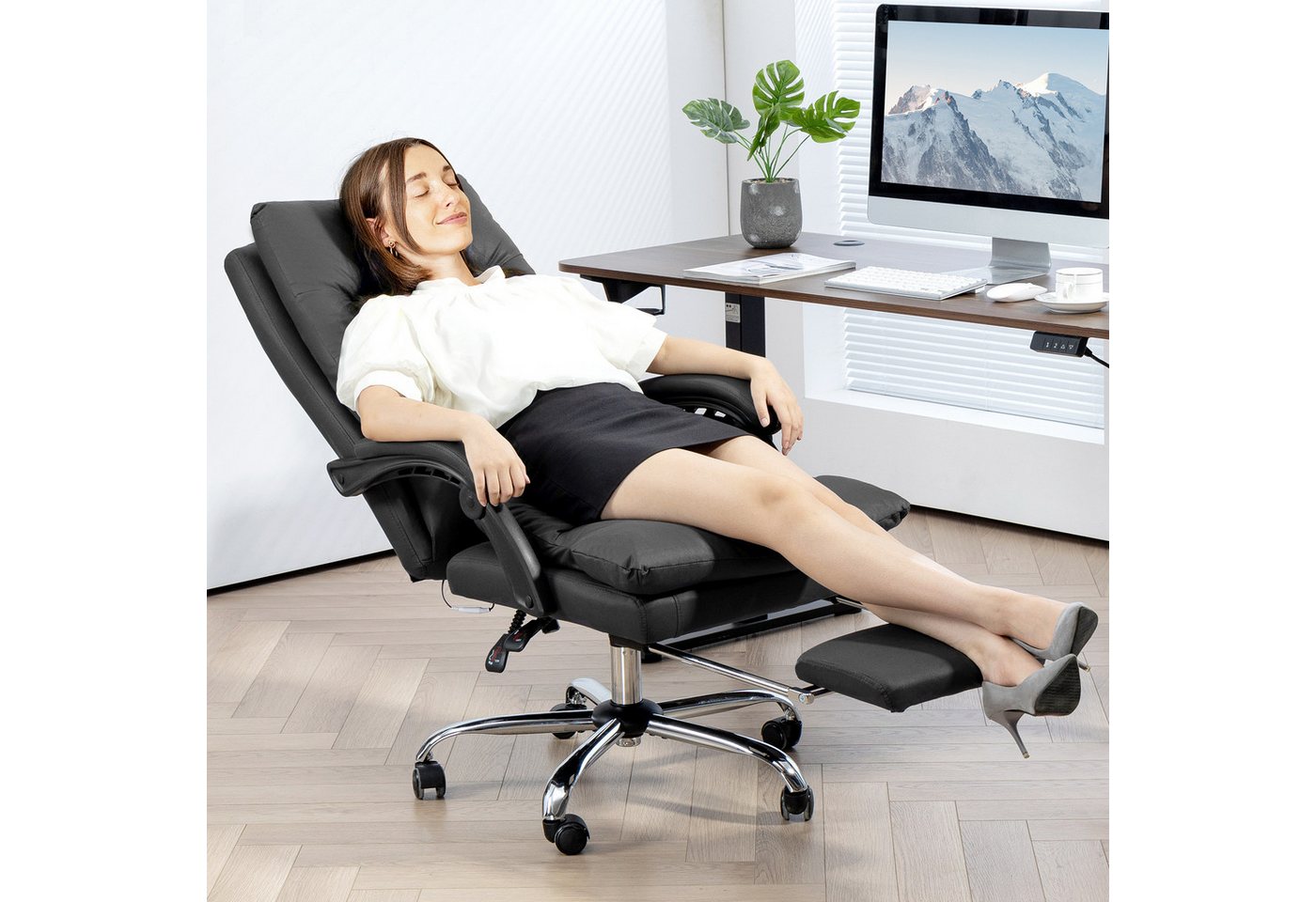 Vinsetto Schreibtischstuhl Bürostuhl mit Massagefunktion (Bürostuhl mit Massagefunktion, 1 St), mit Liegefunktion, Heizfunktion, Drehfunktion, Fußstütze, Schwarz von Vinsetto