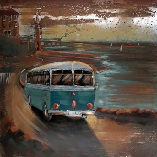 Handgefertigtes Metallbild Sonnenaufgang Bus ca. 97x97 cm Kunst Bild 3D-Optik Wandbild von Vintage Line