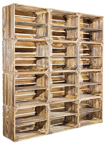 12er Set schöne neue geflammte Holzkiste - mit Mittelbrett * längs * für Schuhregal und Bücherregal - Holzkiste Dekokiste mit Mittelbrett / Zwischenbrett als Regalkiste - 50cmx40cmx30cm von Vintage Möbel 24 GmbH