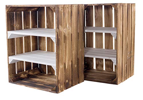 2x Vintage-Möbel24 geflammte/flambierte Obstkiste mit 2 weißen Zwischenbrettern 50cm x 40cm x 30cm Holzkiste Rega Box von Vintage Möbel 24 GmbH