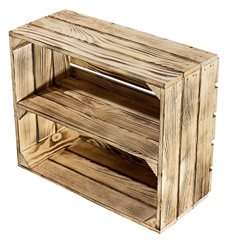 3 kleine geflammte Kiste für Schuhregal und Bücherregal - Obstkiste flambiert mit Mittelbrett längs - Holzkiste aus dem Alten Land - massiv stabil - Kistenregal Obstkistenregal 50x40x22cm von Vintage Möbel 24 GmbH