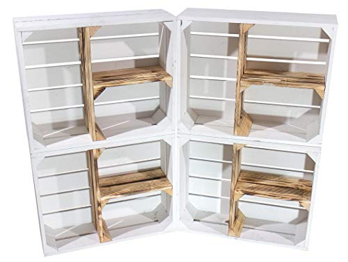 4x Vintage-Möbel 24 Flache weiße Obstkiste mit geflammten T Trenner 50cm x 40cm x 16cm Vintagemöbel 3 Fächer Apfelkisten Weinkiste Ablageregal weiss shabby chic von Vintage Möbel 24 GmbH