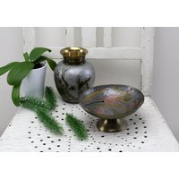 Handgemachte Bemalte Messing Vase Und Schüssel Emaille Vintage Vogel Bild Tisch Servierschüssel von Vintage4Moms