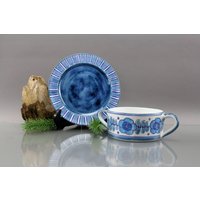 Hindelanger Keramik Frühstück Teller Mit Müsli Schüssel Handarbeit Vintage Mid Century Blau Weiß von Vintage4Moms