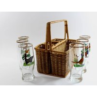Korb Halter Mit 6 Stück Gläsern, Tiermotiv Gläser 50Er Jahre Jägerhütte Bar Ausstattung von Vintage4Moms
