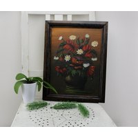 Kunstwerk Ölgemälde 80Er Jahre Blumenmalerei Aus Jugoslawien Wandbild Mit Holz Bilderrahmen von Vintage4Moms