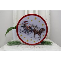 Runde Christmas Blechdose Behälter Boxen Kiste Metall Für Küche Allzweck Dose Weihnachtsmann Und Kutsche Mit Pferd von Vintage4Moms