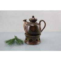 Rustikale Keramik Kanne Mit Stövchen Kostbares Zwei Teiliges Set Teekanne Kaffeekanne Teelicht Braun Fat Lava von Vintage4Moms