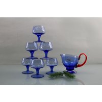 Vintage Kristall Gläser Set 6 Stück Blaues Glas Karaffe Kanne Saphira Handgefertigte von Vintage4Moms