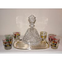 Whisky Set 1950Er Jahre Flasche Mit Gläser Barausstattung Dekoration Für Bar Und Kneipe Kristall von Vintage4Moms