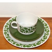 70Er Jahre Vintage Porzellan Geschirr Kaffee Gedeck + Kuchenteller Seventies Dekor "Splash" Grün Seltmann Kaffeetasse Unterteller Teller Set von VintageAhoi