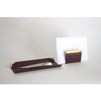 Vintage Pierre Waldon Schreibtisch-Korrespondenzset Aus Den 1980Er Jahren - Goldenes Metall Und Braunes Leder von VintageAndOtherThing