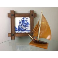 Mosa Holland Blau & Weiß Vintage Gerahmte Fliese, Clipper Ship Home Decor Wandfliese von VintageAntiquePL