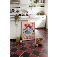 Katzen Poster Noodles For Life Kunstdruck Witzige Katze Isst Nudeln Japanese Cat Wall Art Retro Wanddekoration Küche Fine Print von VintageArtQuarter