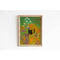 Schwarze Katze Im Blumenfeld Gustav Klimt Inspiriertes Katzenposter Vintage Druck Bunte Wanddekoration Lustiges Katzenbild Blumen Poster von VintageArtQuarter