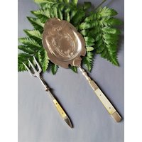 Set Essbesteck - Gabel Und Löffel, Metall, Natürliches Perlmutt, Vintage, Deutschland von VintageAustriaShop