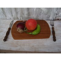 Vintage Rostfrei Vorspeise Gabel Und Messer Boxed Set Primitive Holz Schneidebrett von VintageAvangardShop
