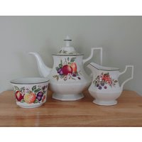 Keramik Eternal Beau Teekanne, Zuckerdose, Milchkännchen Set Vintage 1980Er Jahre Teeservice Floral Country von VintageByThomas