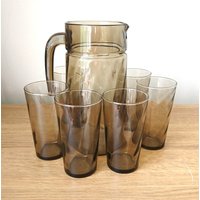 Vintage Krug Mit Gläsern Grau 1970Er Retro Bargeschirr Und Mid Century Modern Trinkset Cocktail Set Aus 6 von VintageByThomas