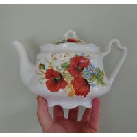 Vintage Mohnblumen Druck Teekanne Keramik Rot Weiß Nachmittagstee Neuheit Floral Dekorative Ornament Geschenkidee von VintageByThomas