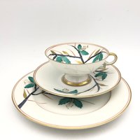 Arzberg Bavaria 1930Er Jahre Porzellan Teetasse, Unterteller Und Kuchenteller Set, Mit Handbemaltem Stilvollem Bambus Design West Germany von VintageCeramics4You