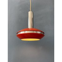 Kleine Rote Und Verchromte Space Age Hängelampe von VintageChampignon