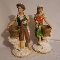 Vtg. 1975 Set 14 "Universal Statuary Corp. Mann Frau Weidenkörbe Land Paar Bauer Bauernhof Statuen Figuren Skulptur Emailleputz von VintageGirlDelights