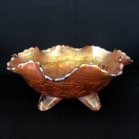 Antique Fenton Two Flowers Marigold Carnival Glasschale - Fußschale Bitte Überprüfen Sie Die Vollständige Beschreibung von VintageGlassFindsCo