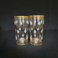 Paar Mid Century Gold Print & Strukturierte Diamant 12Oz Highball Cocktail Gläser - Retro Barware Vintage von VintageGlassFindsCo