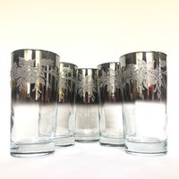 Set Von 5 Mid Century Highball 13Oz Cocktail Gläser Mit Funkelnden Silber Overlay Design & Spiegelrand, Dass Ombre Verblasst Zu Klar von VintageGlassFindsCo