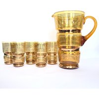 Vintage Elegant Gold Gestreiftes Barzubehör Set - 56 Unzen Krug & 5 Passende 8 Gläser Barware Retro von VintageGlassFindsCo