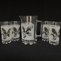 Vintage "Golden Weat' Frosted & Gold 32 Unzen Krug Mit 4 Passenden 10 Highball Cocktailgläsern von VintageGlassFindsCo