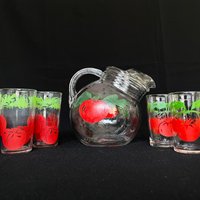 Vintage Tomatensaft Kippkugel Krug & 4 Gläser/Retro Küche Set - Lesen Sie Die Vollständige Beschreibung von VintageGlassFindsCo