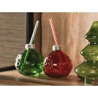 4 Trinkgläser Weihnachtskugel Mit Strohhalm Aus Glas Rot/Grün, 450 Ml von VintageHaeuschen