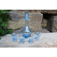 Bohemia Glas Likörset Schnapsset Karaffe 6 Gläser Blaues Vintage 60Er 70Er Jahre von VintageKreativecke