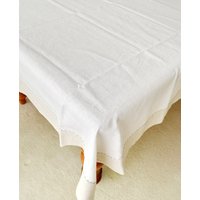 Rein Leinen Tischdecke Weiß Mit Naturgrauem Rahmen Bordüre Und Handgenähten Deko Servietten Shabby Chic Cottage Decor von VintageLinenStore