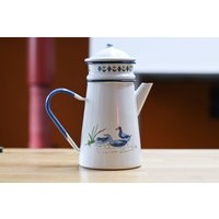 Vintage Emaille Kaffeemaschine, Retro Kaffeekanne, Metallkaffeemaschine, Blau Und Weiß, Tier- Floral Bemaltes Muster, Enten - Frankreich von VintageMaboul