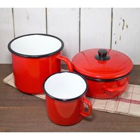3 Vintage Emaille Rote Töpfe Und Pfannen, Emailwaren Kochtöpfe - Kesselpfannen Emailletöpfe Bauernhaus Kochgeschirr von VintageMemoryChest