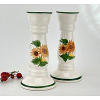 Handgemaltes Sonnenblumen Vintage Porzellan Kerzenhalter Set Von 2 von VintageMuseumShop