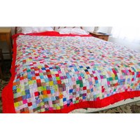 Twin/Voll Hand Genähter Quilt | Oder Gesteppte Tischdecke, Bunte 1 "Quadrat Patchwork, Muss Repariert Werden von VintageOak