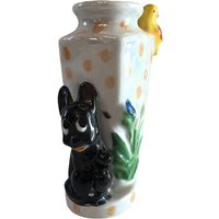 Vintage Petite Lusterware Hundevase ~ Kleine Weiße Opalescent Polka Dot Bud Vase Made in Japan Boston Terrier & Gelber Vogel von VintageParamour